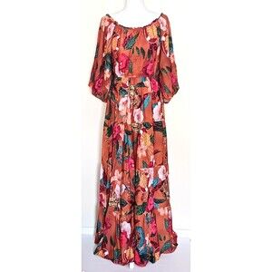 NWT Miss Lolla Tropical Floral Print Maxi Dress Puff Sleeve  Full Skirt Sz Lg